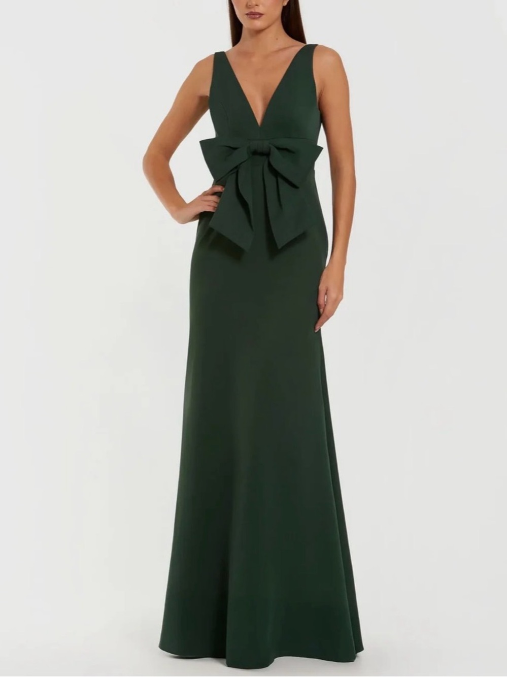 Mac Duggal NWOT Crepe Sleeveless V Neck Column Maxi Dress Bow Emerald Green 6